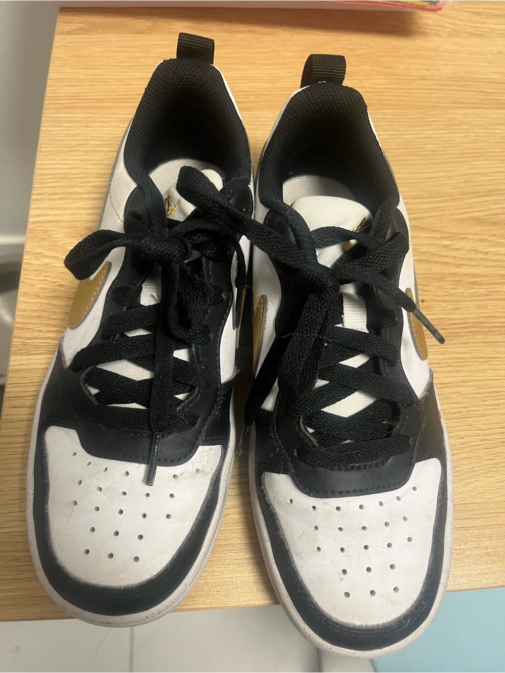 Boys Low-Top Black and White Sneakers with Gold Accent